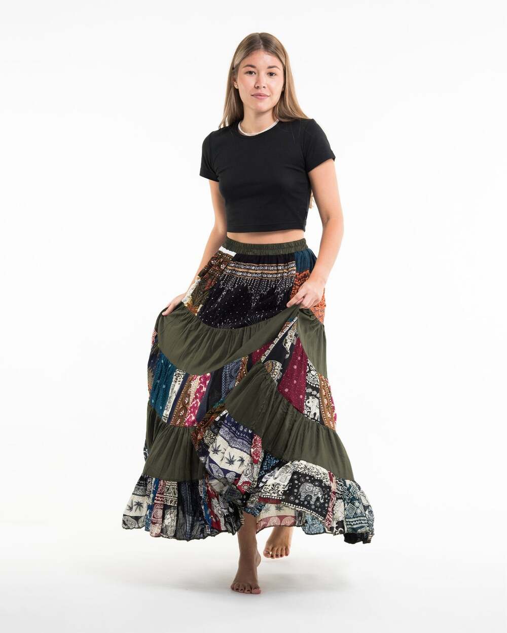 Harem Pants Boho Patchwork Long Skirt in Dark Green Elastic Waist ONE SIZE
